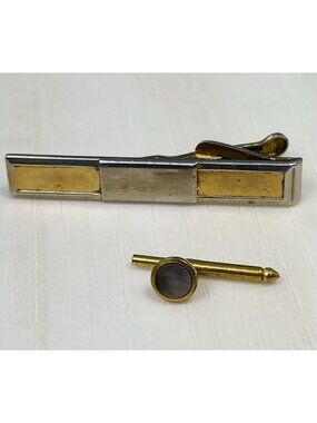 VTG SWANK Goldtone Metal 2" Money TIE CLIP Bar Clasp & Single Shirt Stud